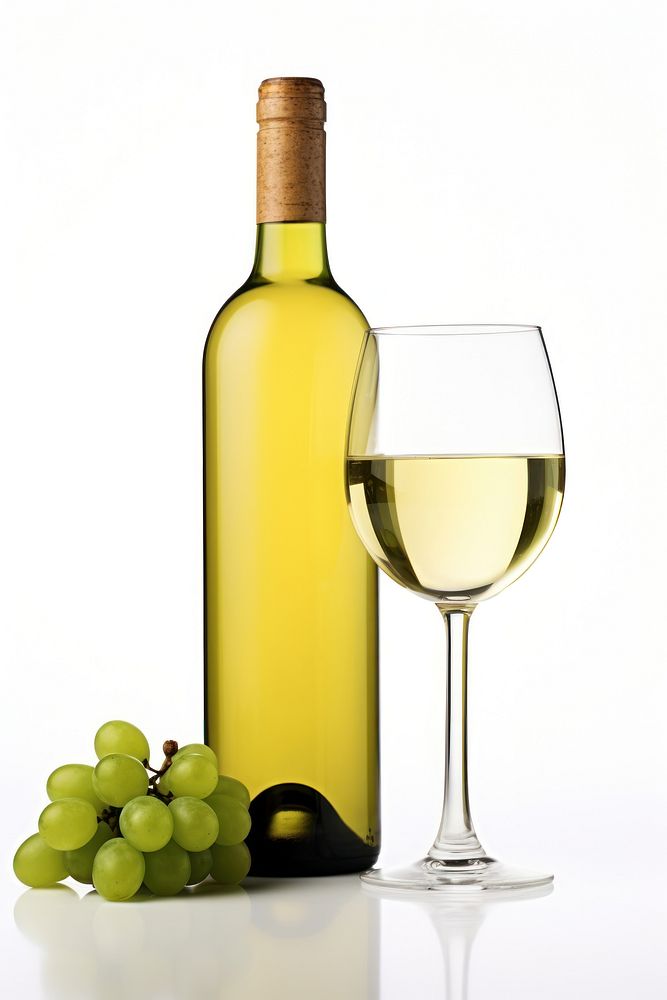 Bottle of white wine grapes glass drink.