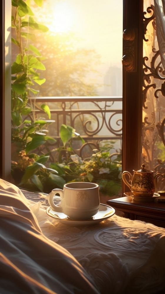 Beautiful morning architecture windowsill coffee.