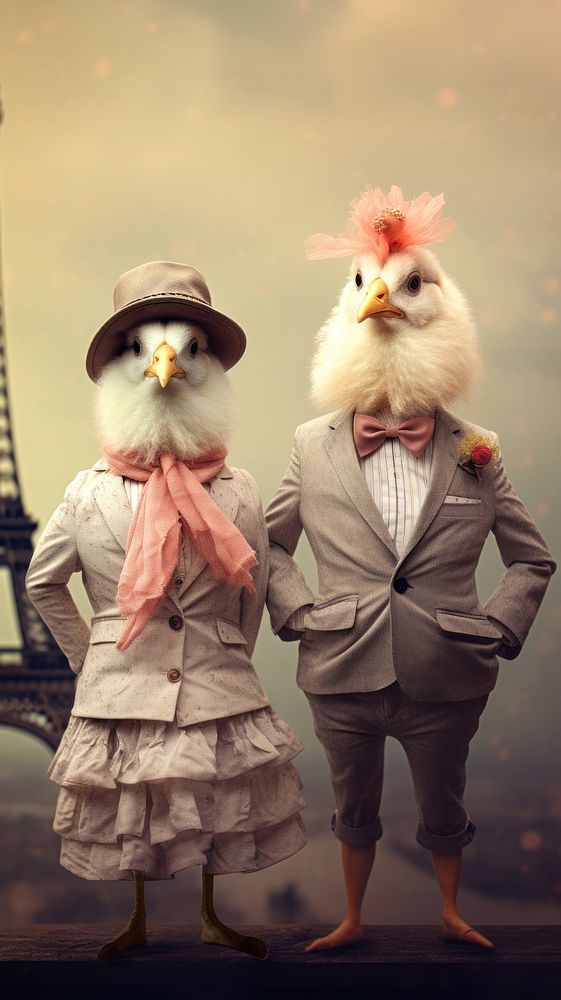 Chicken costumes wearing Eiffel tower surrealism wallpaper animal portrait human.