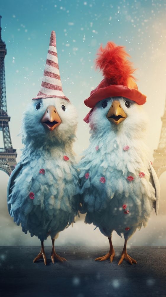 Chicken costumes wearing Eiffel tower surrealism wallpaper portrait animal outdoors.