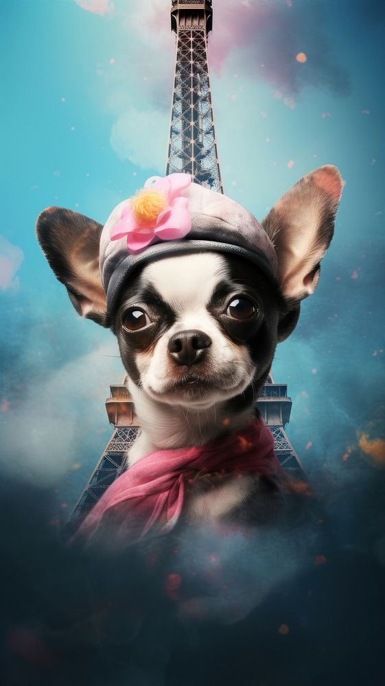 Dog costumes wearing Eiffel tower surrealism wallpaper portrait animal architecture.