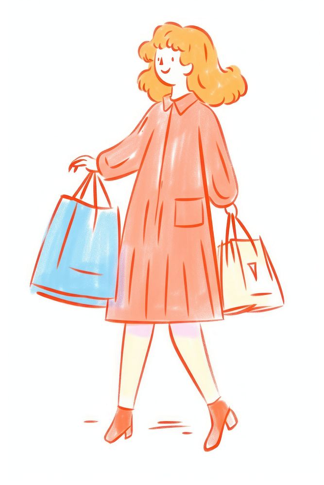 Doodle illustration of young women shopping handbag cartoon.