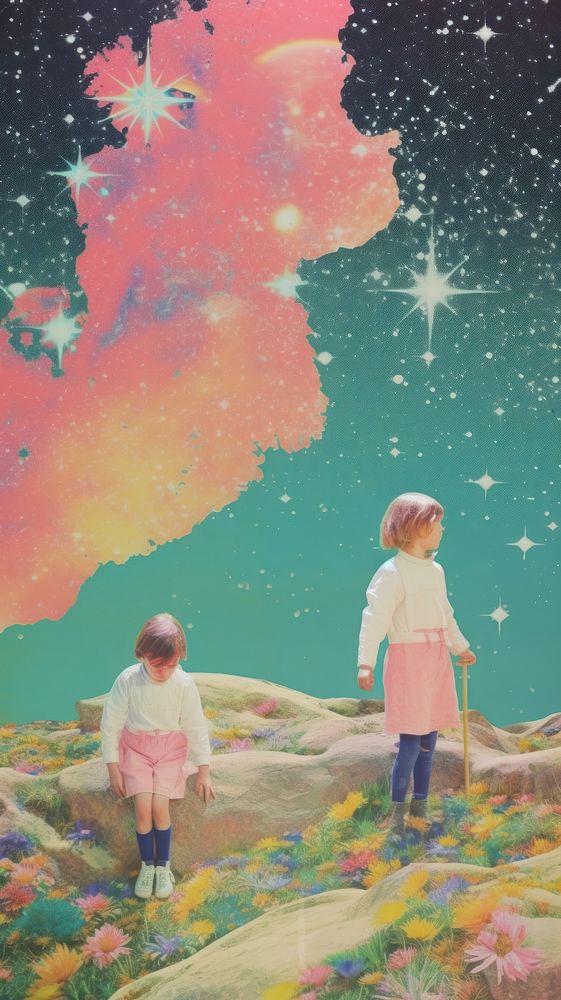 Kids with galaxy painting outdoors nature.