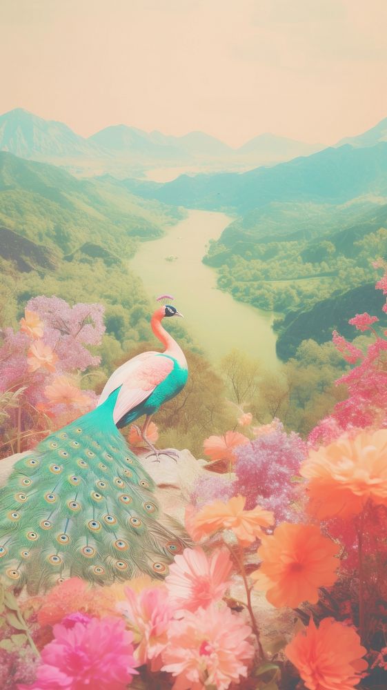 Peacock with beautiful landscape outdoors nature flower.