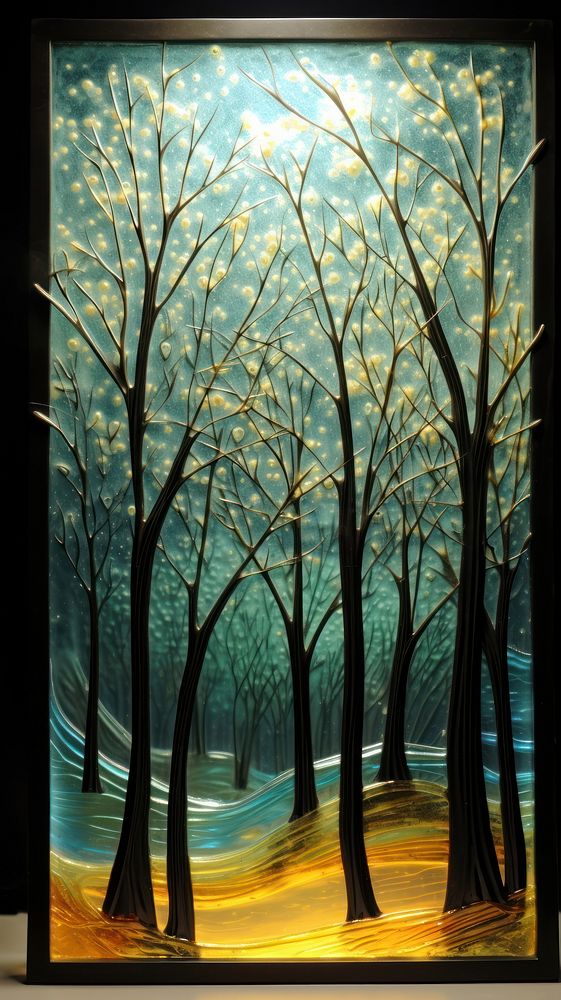 Trees glass fusing art painting tranquility transparent.