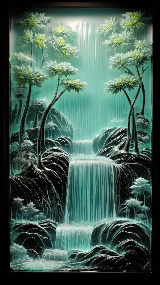 Waterfall glass fusing art painting nature plant.