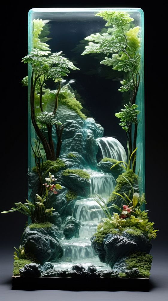 Waterfall glass fusing art aquarium nature plant.