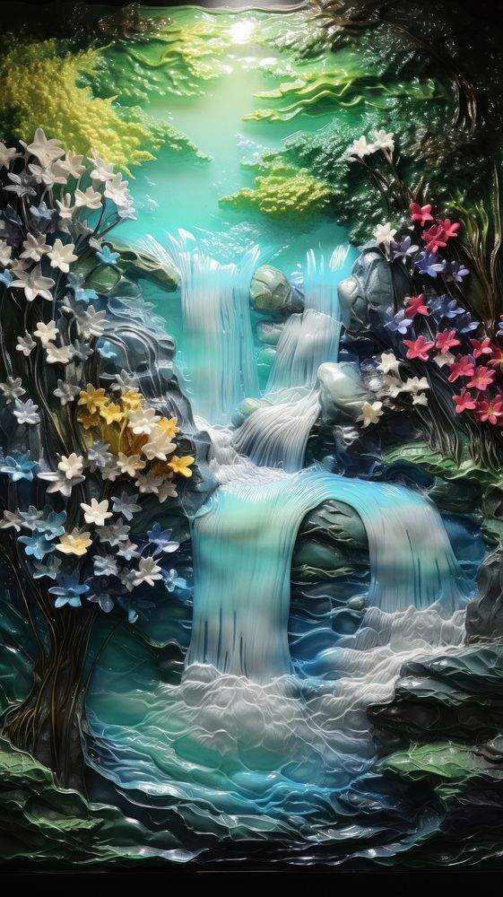 Waterfall glass fusing art painting outdoors nature.