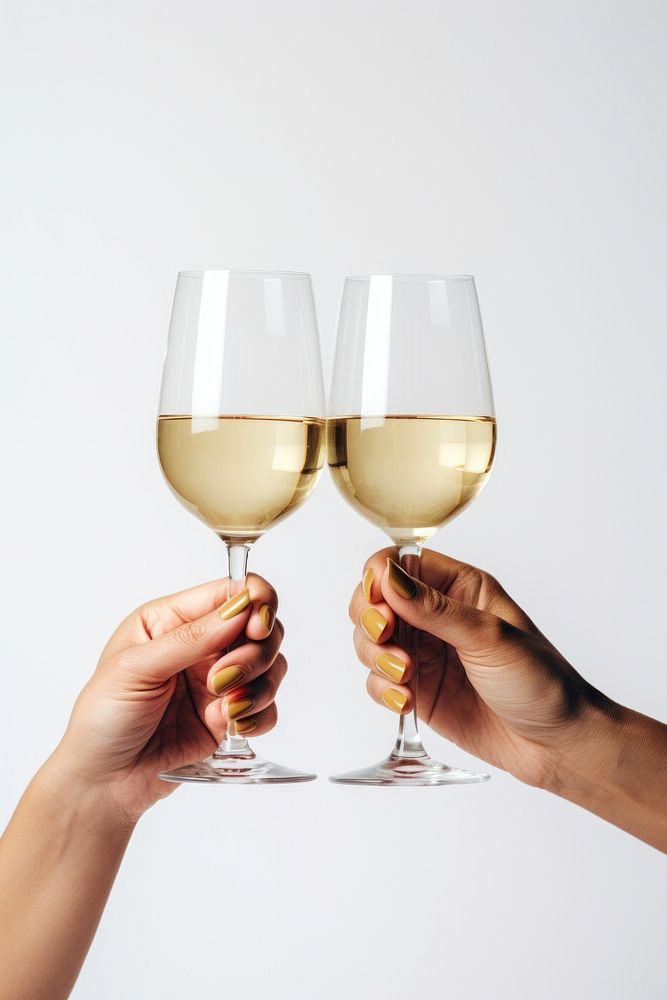 White wine glass hand holding.