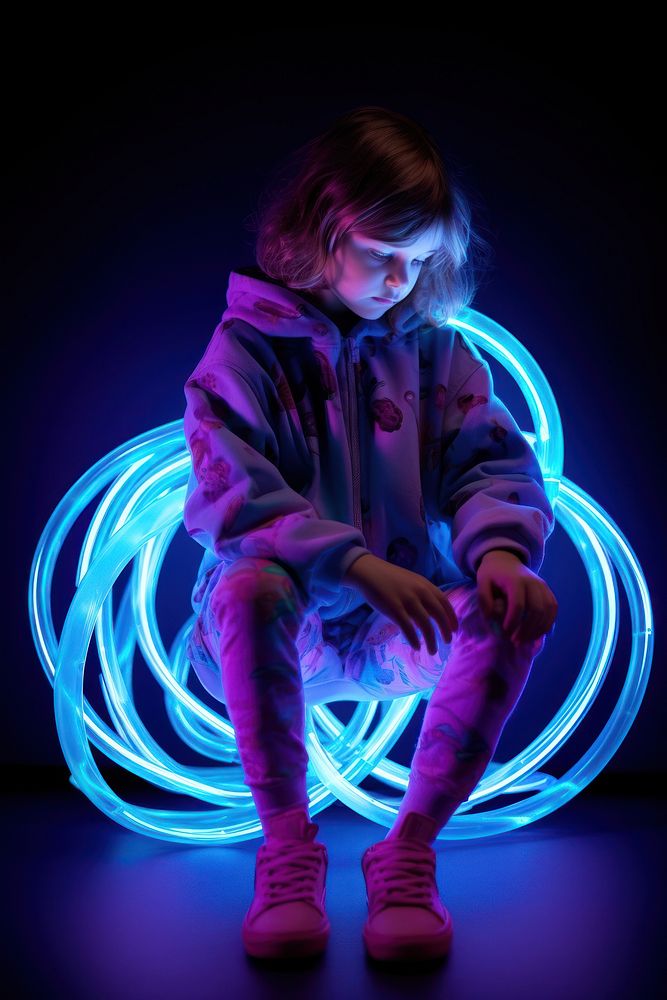Child playing Neon rim light portrait purple photo.