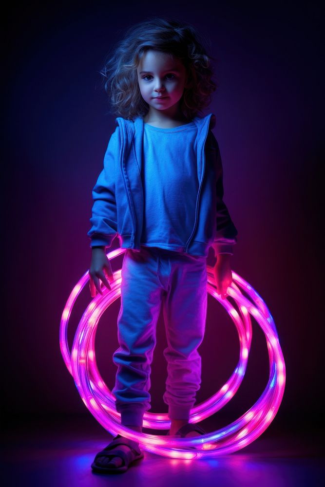 Child playing Neon rim light portrait purple neon.
