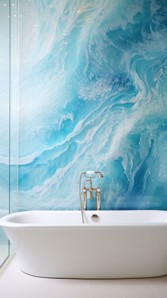 Ocean glass fusing art bathtub wall architecture.