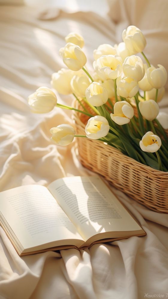 Photography white tulips book publication basket.