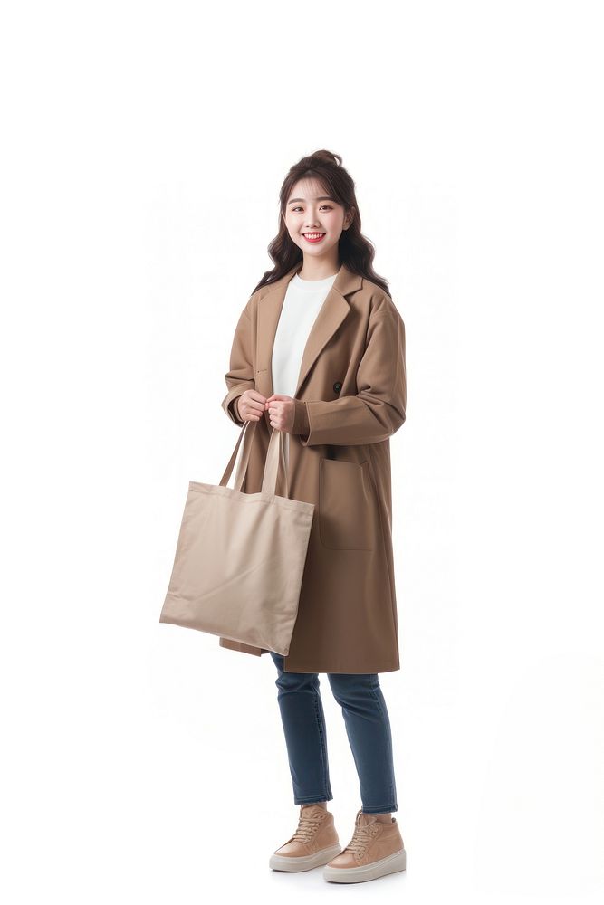 Happy chinese woman adult bag overcoat.