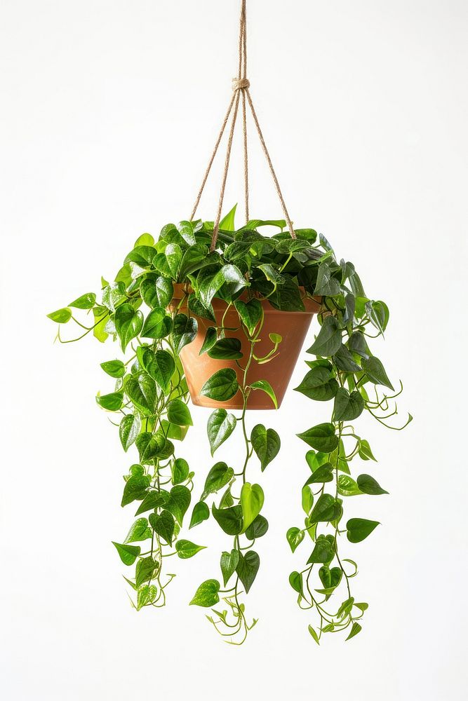 Plant hanging in pot leaf white background houseplant.