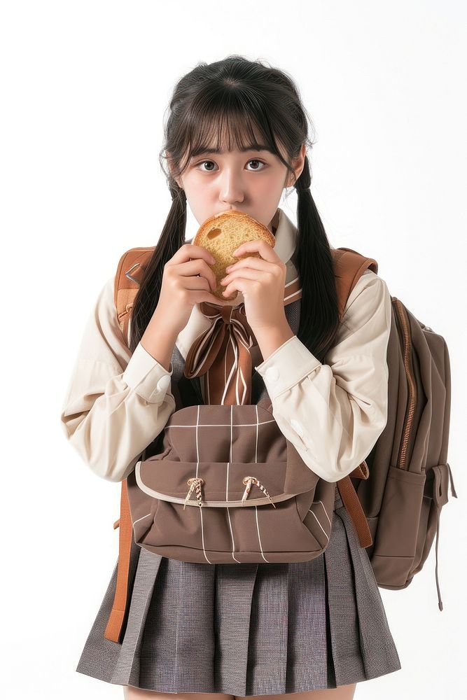 Japanese female student bag holding bread.