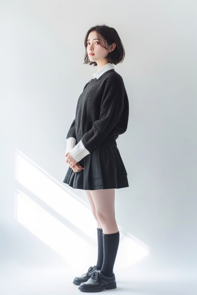 Japanese female student miniskirt footwear standing.