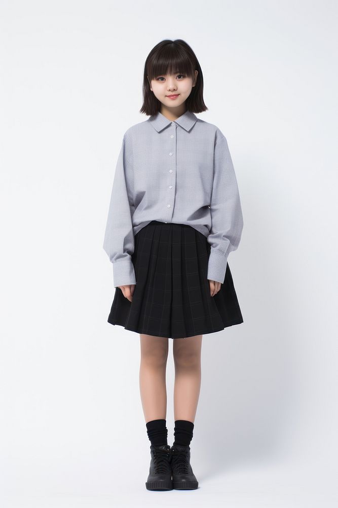 Japanese girl student blouse skirt white background.