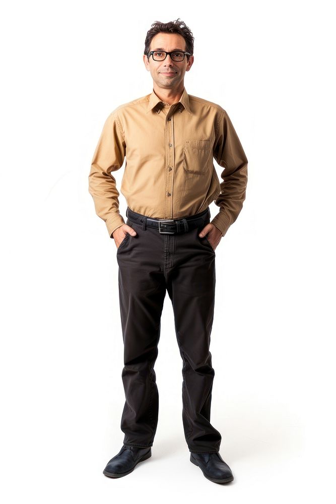 Male teacher standing sleeve shirt.
