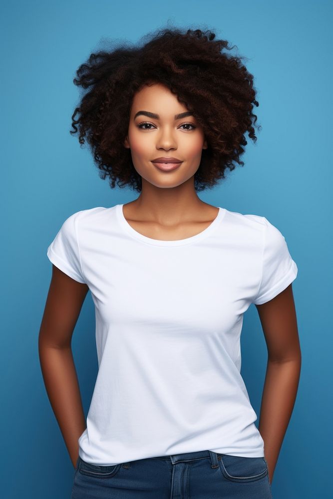 Black woman with white clear t shirt portrait sleeve blouse.