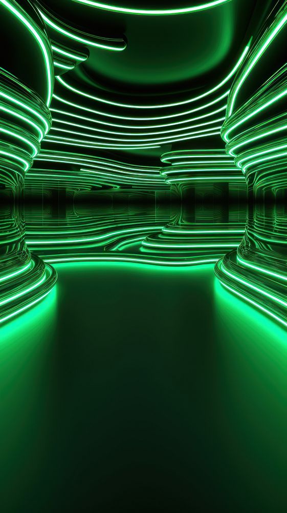 Dynamic neon lines glowing in the dark room backgrounds reflection abstract.