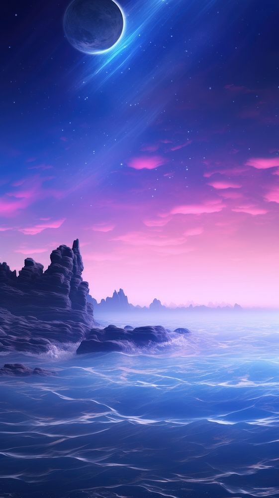 Seascape with cliffs under the pink blue night gradient sky sea landscape astronomy.