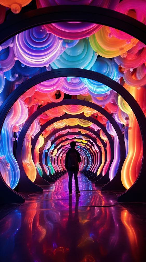 The led neon rainbow shines in the dark room pattern purple light.