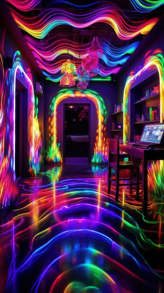 The led neon rainbow shines in the dark room purple light disco.