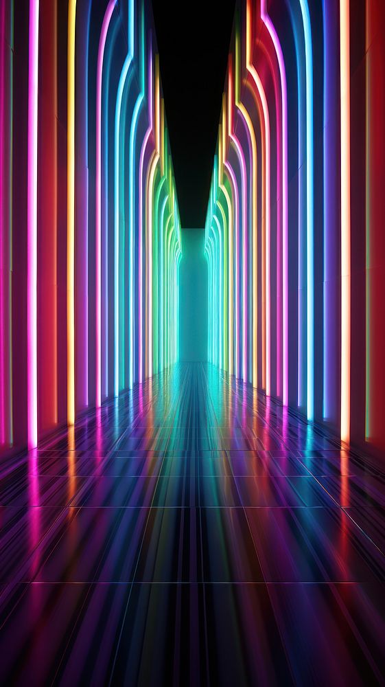 The led neon rainbow shines in the dark room architecture lighting corridor.
