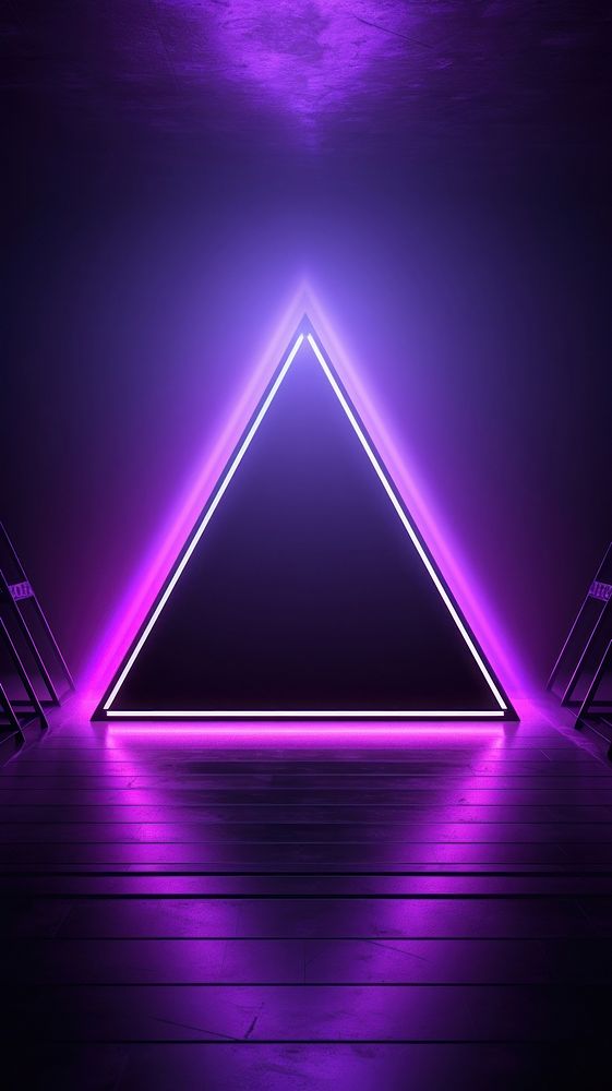 Triangle stage with and and purple neon light backgrounds abstract triangle.