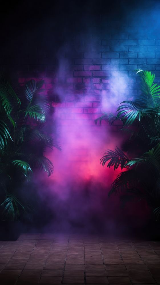 Empty room with brick walls and neon lights smoke outdoors nature.