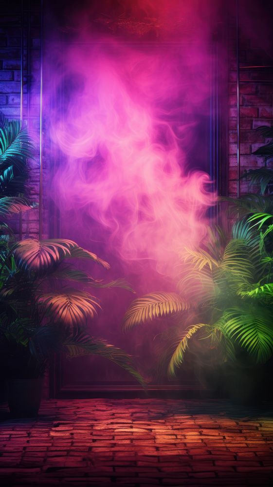 Empty room with brick walls and neon lights smoke outdoors purple.