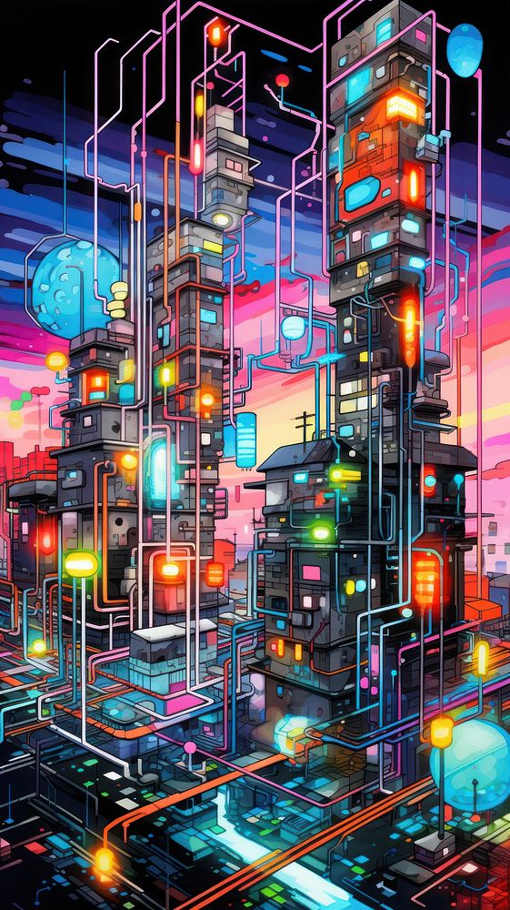 A colorful drawing of a smart grid city architecture illuminated.