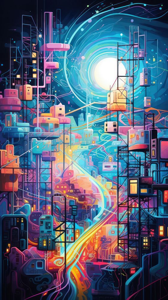 A colorful drawing of a smart grid light line city.