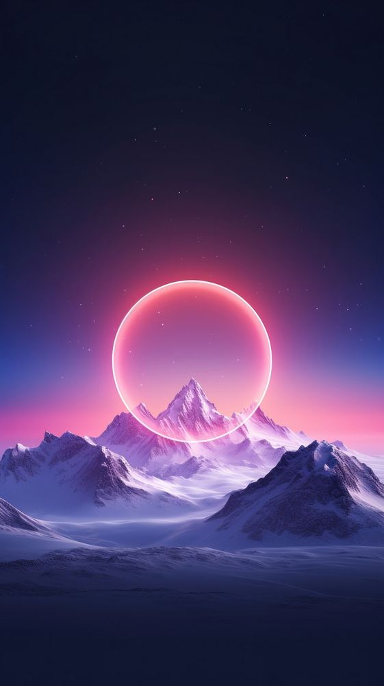 Neon light circle snowy mountains astronomy landscape.