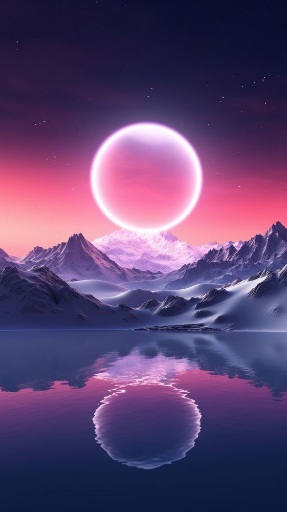 Blue and pink neon light circle landscape astronomy mountain.