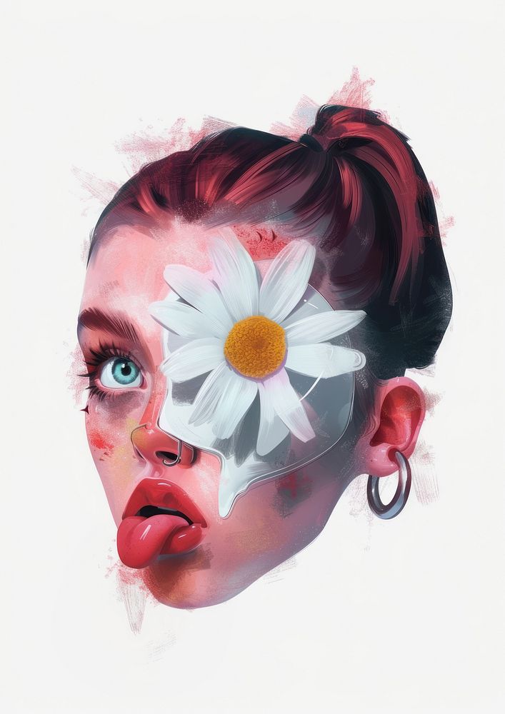 A girl with a daisy covered her eye painting portrait flower.