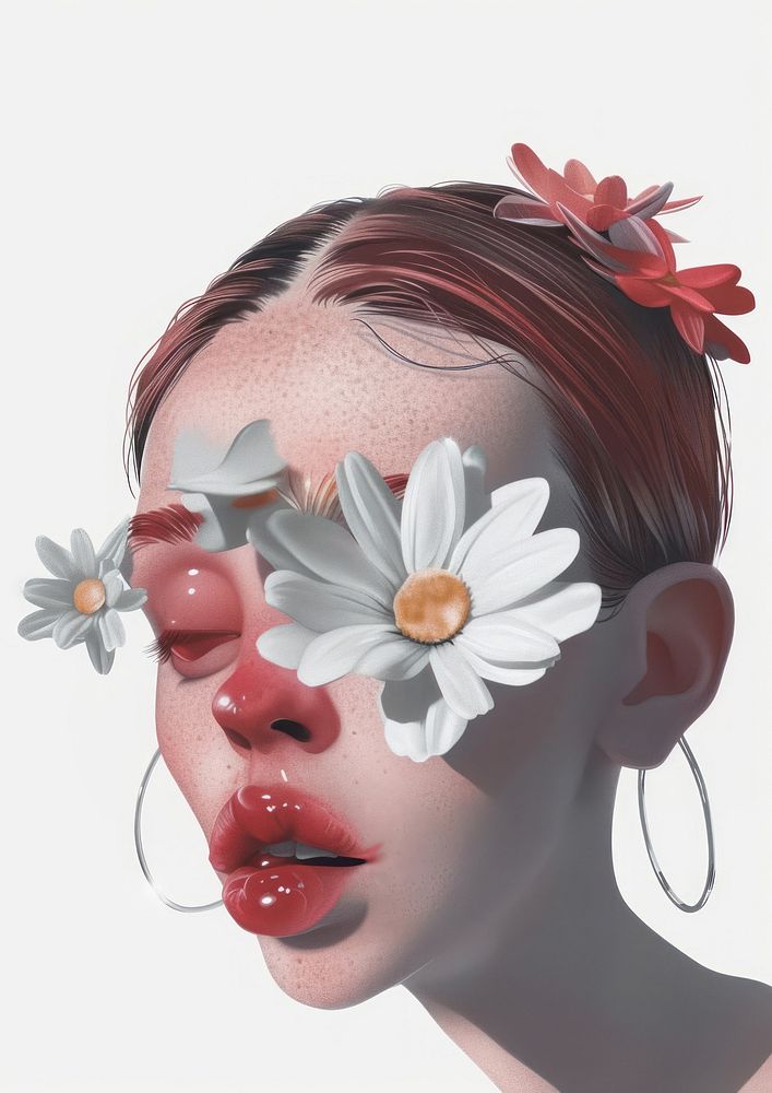 A girl with a daisy covered her eye portrait flower adult.