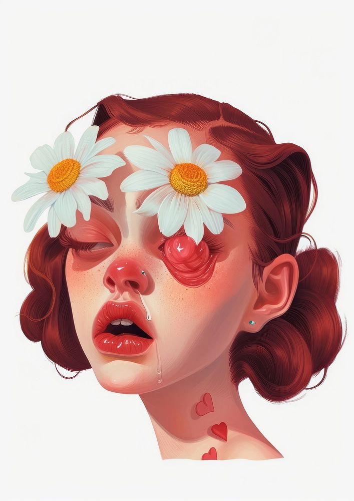 A girl with a daisy covered her eye portrait flower plant.