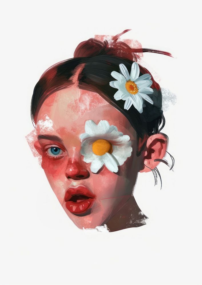 A girl with a daisy on her eye painting art portrait.