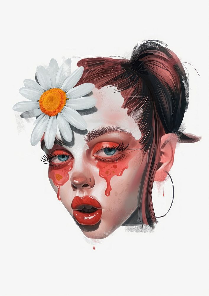 A girl with a daisy on her eye art painting portrait.