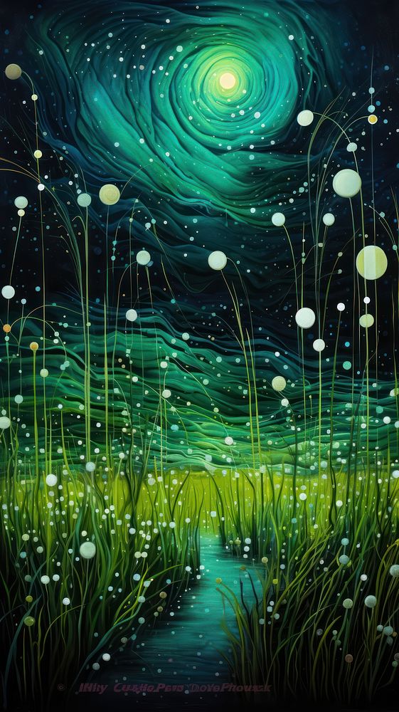 Abstract scene of glowing neon green grass outdoors nature night.