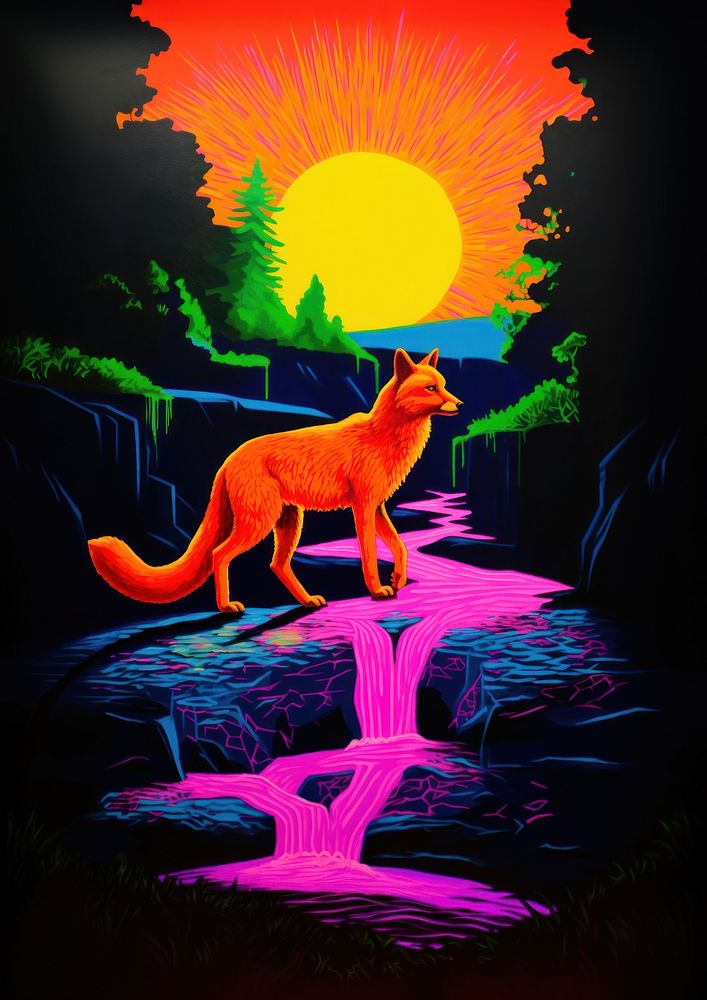 A fox walking on the stone above the river painting yellow mammal.