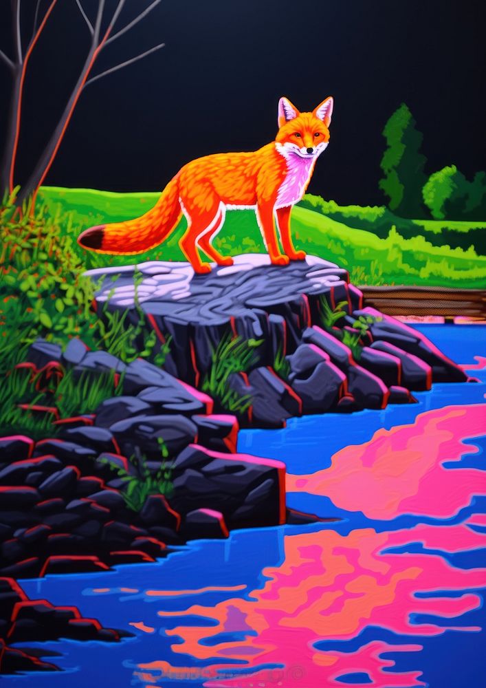 A fox walking on the stone above the river animal mammal red.