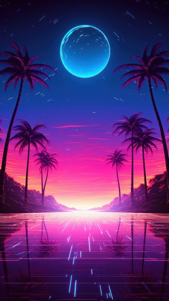 Purple neon wireframe landscape with palm trees sunset sky astronomy.