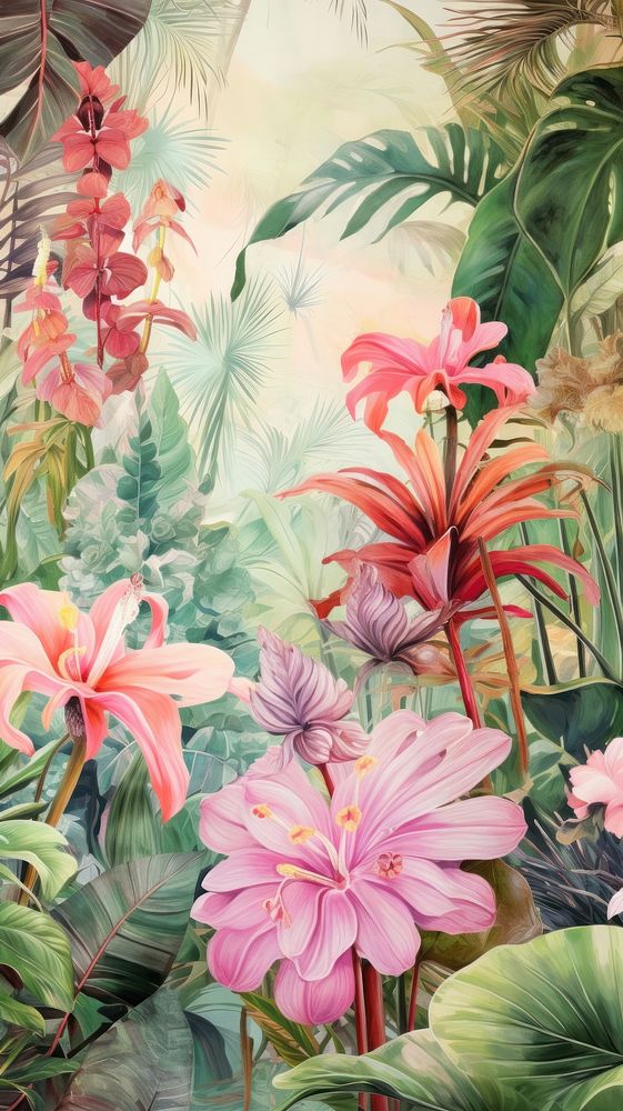 Pastel wallpaper tropical plants pattern outdoors painting nature.