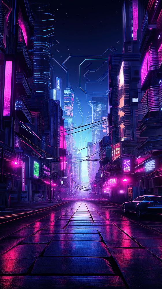 Dark street in cyberpunk city building light night.