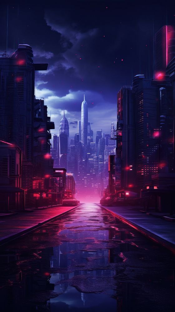 Dark street in cyberpunk city building light night.
