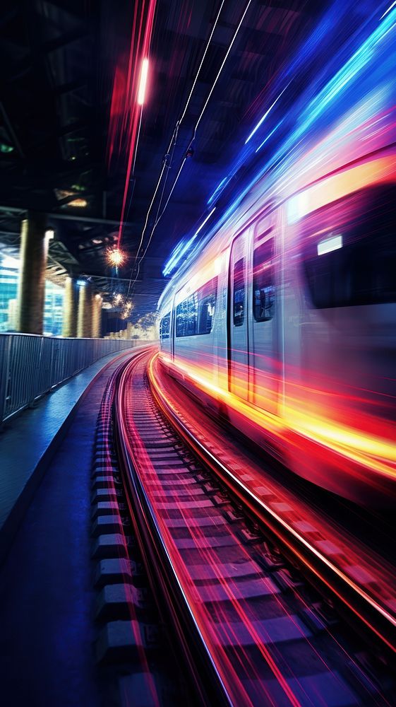 Fast train with motion blur glowing vehicle subway.