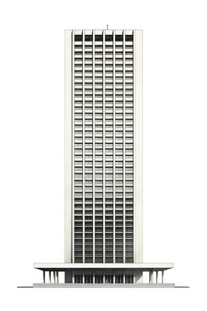 Architecture illustration of a tall brutalist skyscraper building city white background.